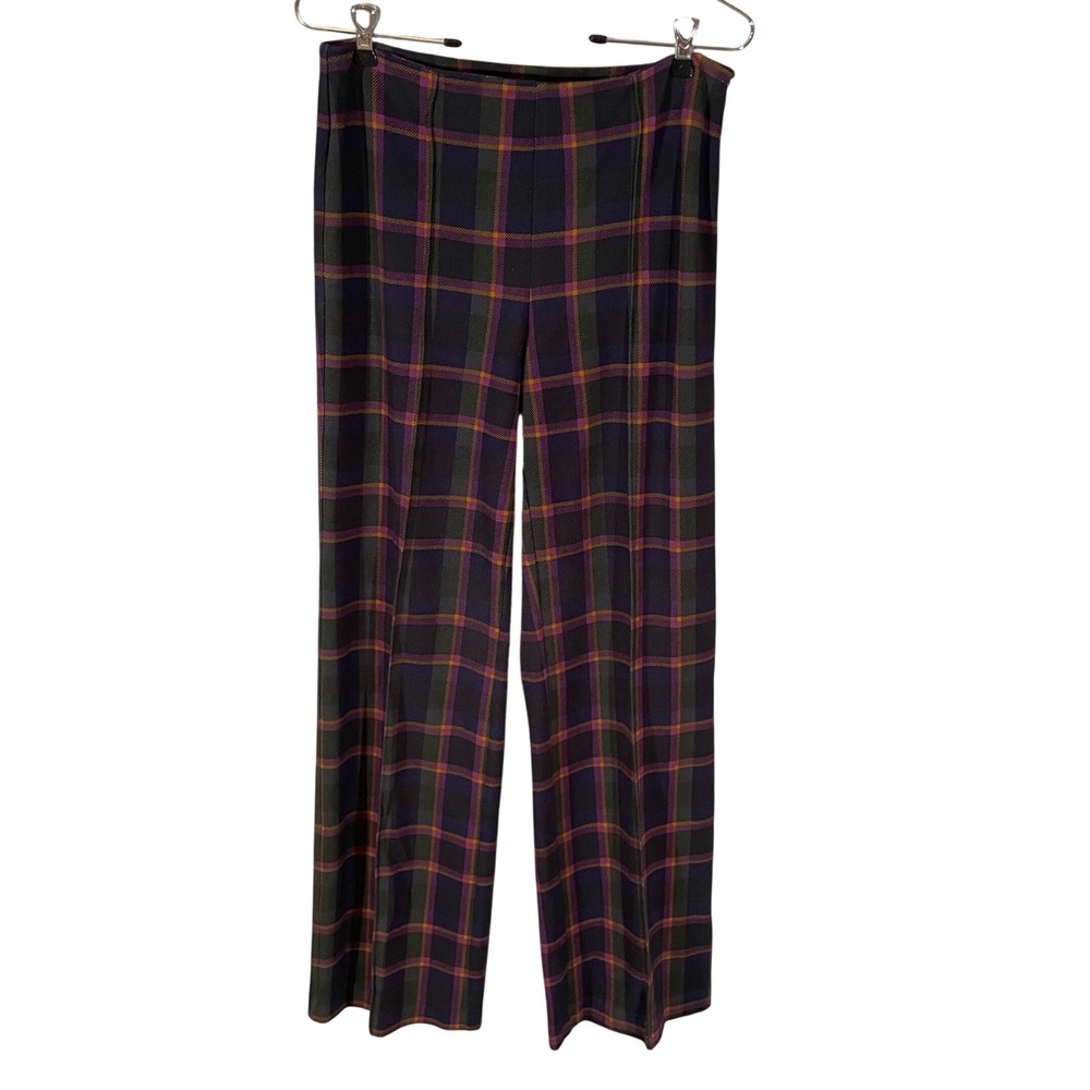 J.McLaughlin Womens Plaid Wide Leg Trousers Purple Green Check Size 4 Side Zip